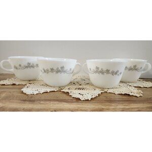 4- Pyrex Ribbon Bouquet Vintage Glass Cups Coffee Tea Gray Flowers